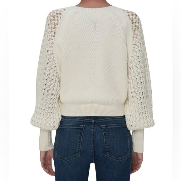 7 For All Mankind Sz M Knit Blouson Sleeve Sweater Cream Boho  Cotton Blend Soft - Picture 2 of 16